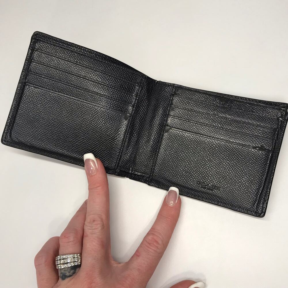Coach Mens Polished Pebble Leather 3 In 1 Bi Fold Wallet Billfold Black Embossed - Picture 4 of 15